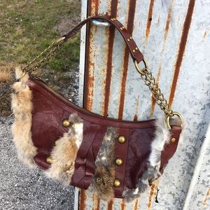 Glen Royal Burgundy Leather Rabbit Fur Handbag